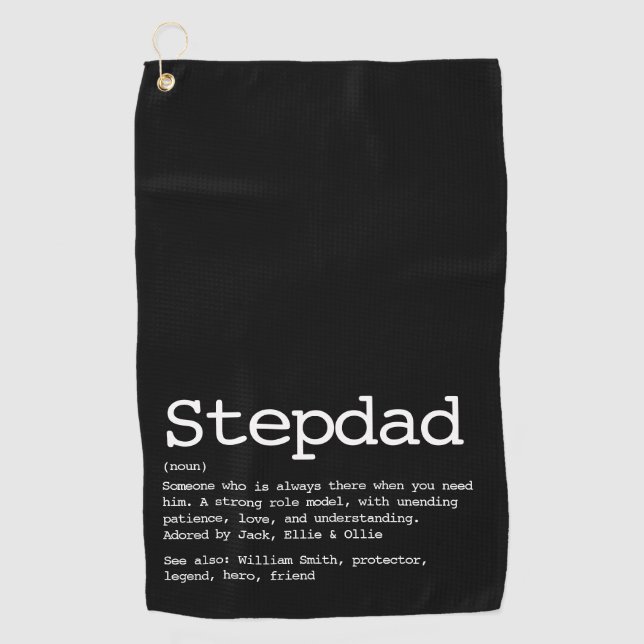 Personalisierte Stepdad Definition Schwarz Golfhandtuch (Vorderseite)