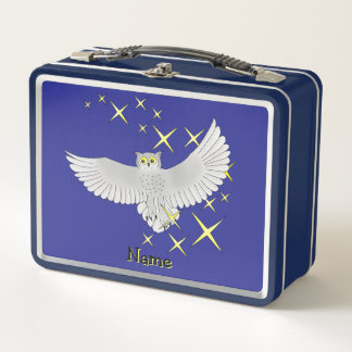 Personalisierte Sterneneule vor blauem Hintergrund Metall Brotdose