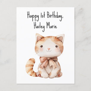 Personalisierte Stoffkatze zum ersten Geburtstag Postkarte