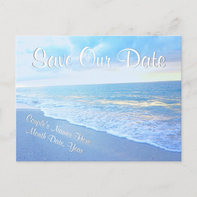 Personalisierte Strandhochzeiten Save the Date Pos Ankündigungspostkarte (Vorderseite)