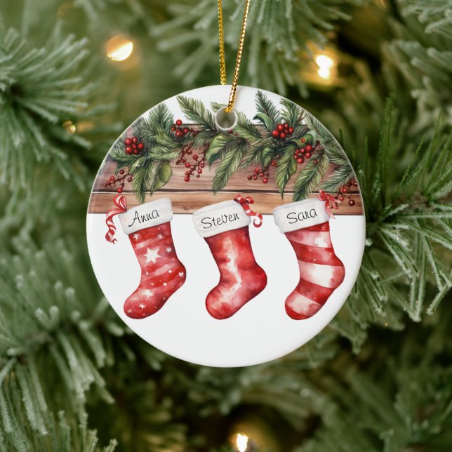 Personalisierte Strümpfe Familie von 3 Weihnachten Keramik Ornament (Baum)