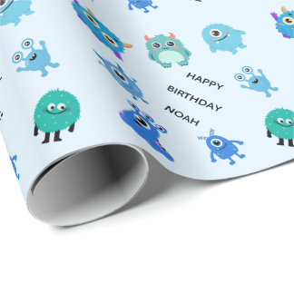 Personalisierte süße blaue Jungen-Monster-Geburtst Geschenkpapier