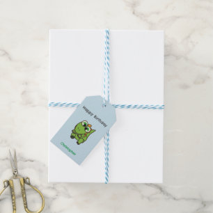 Personalisierte süße grüne Dinosaurier blaue Gebur Geschenkanhänger