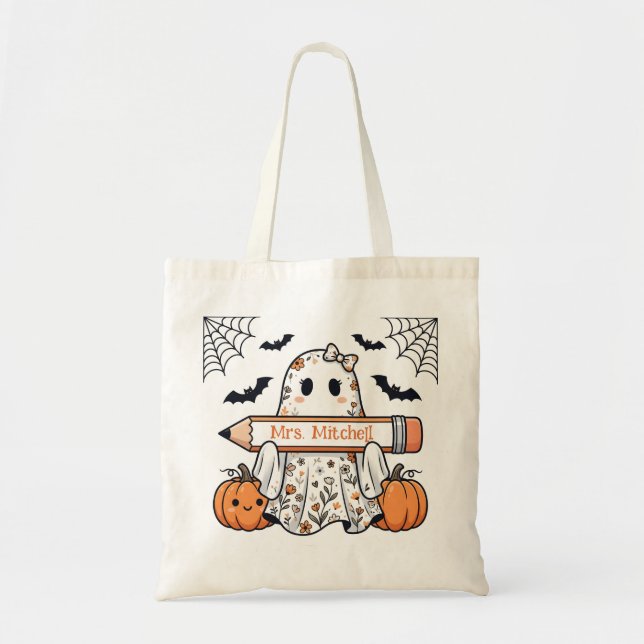 Personalisierte süße Halloween-Geist-Lehrertasche Tragetasche (Vorne)