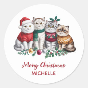 Personalisierte süße Weihnachtskatze Katzen Feiert Runder Aufkleber