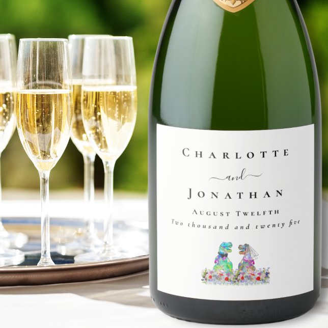 Personalisierte T-Rex Braut & Bräutigam Dinosaurie (Dinosaur themed wedding T-Rex bride and groom colorful floral  custom sparkling wine labels)