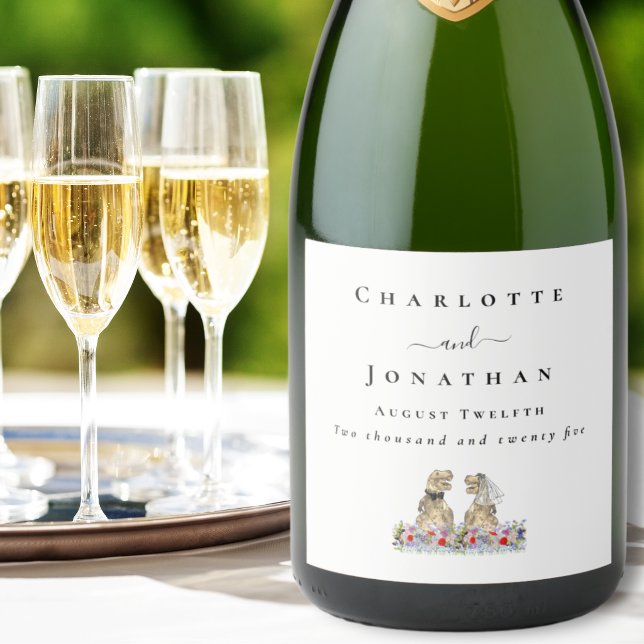 Personalisierte T-Rex Braut & Bräutigam Dinosaurie (Dinosaur themed wedding T-Rex bride and groom colorful floral  custom sparkling wine labels)