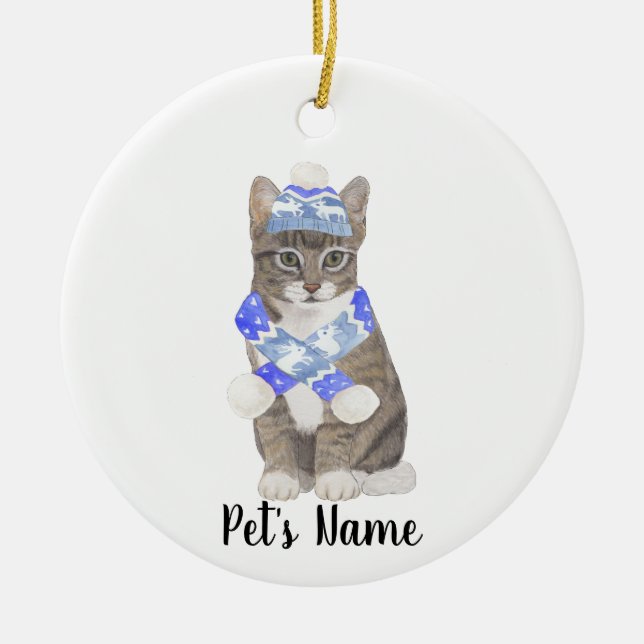 Personalisierte Tabby Cat (grau) Blue Ski Hat & Sc Keramik Ornament (Vorne)