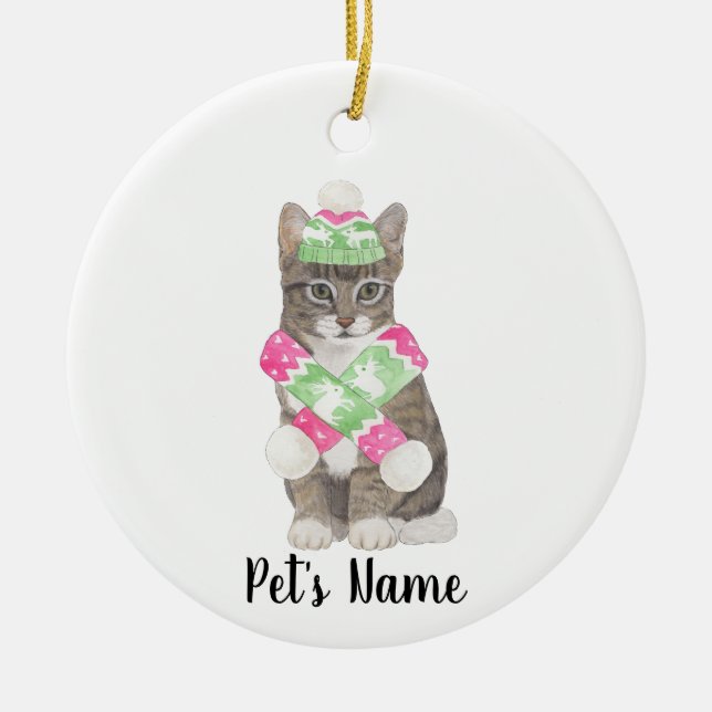 Personalisierte Tabby-Katze (grau) Pink & Green Sc Keramik Ornament (Vorne)