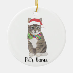 Personalisierte Tabby Katze (grau) Weihnachtsmannm Keramik Ornament