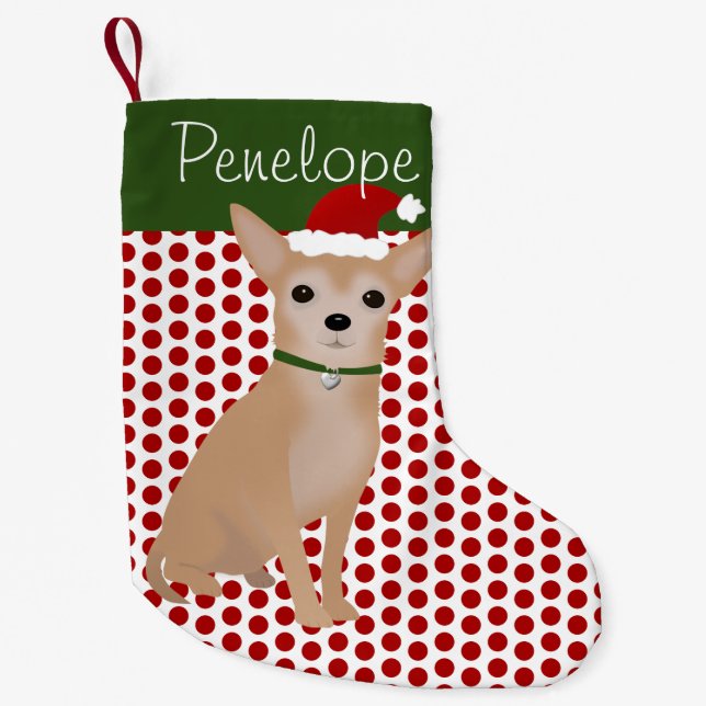 Personalisierte Tan Chihuahua und grüne Polka Dots Kleiner Weihnachtsstrumpf (Vorderseite)