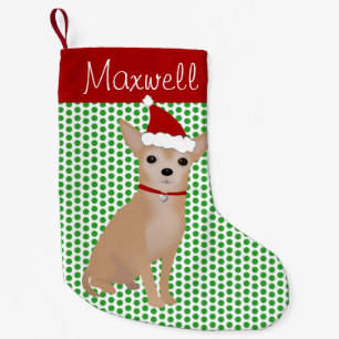Personalisierte Tan Chihuahua und grüne Polka Dots Kleiner Weihnachtsstrumpf