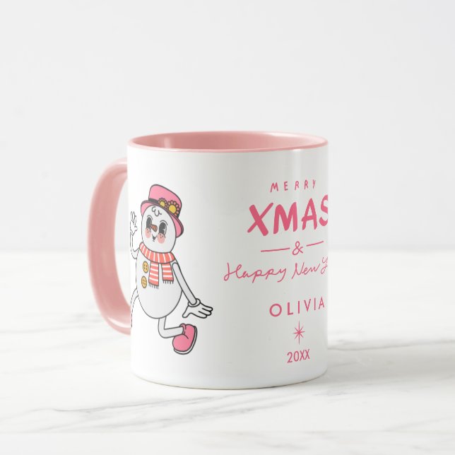 Personalisierte Tasse | Niedlich Pink Snowman (Vorderseite Links)