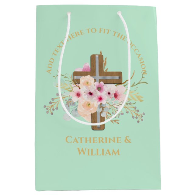 Personalisierte Taufe & Christening Blumenkreuz Mittlere Geschenktüte (Vorderseite)