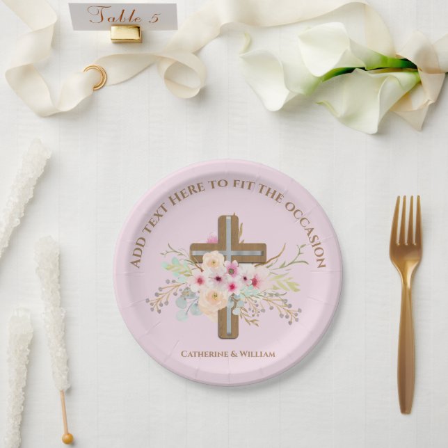 Personalisierte Taufe & Christening Blumenkreuz Pappteller (Hochzeit)