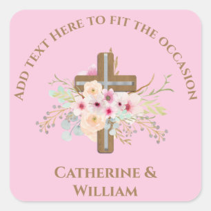 Personalisierte Taufe & Christening Blumenkreuz Quadratischer Aufkleber