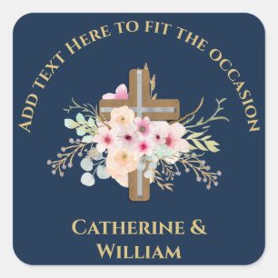 Personalisierte Taufe & Christening Blumenkreuz Quadratischer Aufkleber