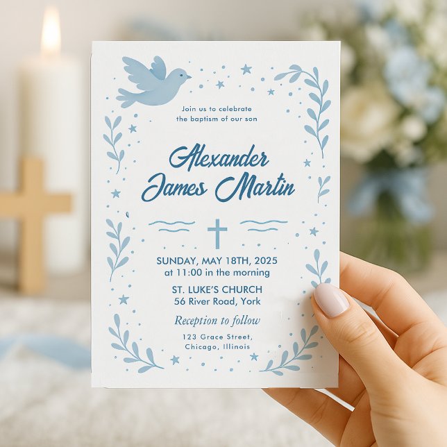 Personalisierte Taufe Einladung mit Dove und Star (baptism-invitation-blue-dove-stars

)