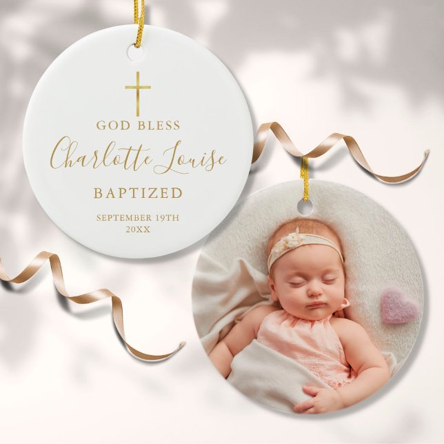 Personalisierte Taufe Foto Gold Signature Girl Boy Keramik Ornament (Von Creator hochgeladen)
