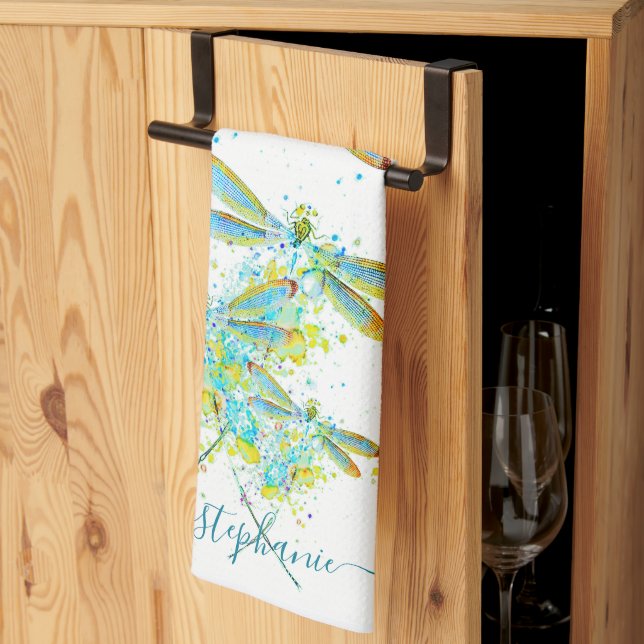Personalisierte Teal-Libelle mit Spritzern  Geschirrtuch (Drittel gefaltet)