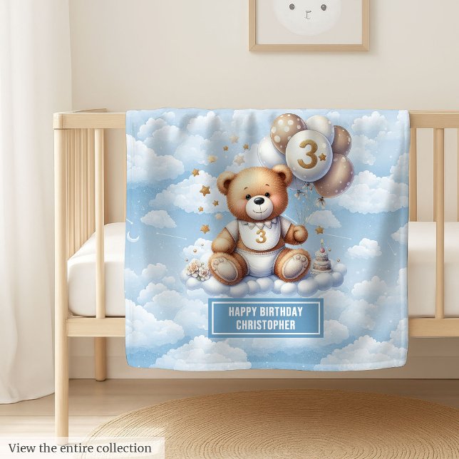 Personalisierte Teddydecke zum 3. Geburtstag Fleecedecke (Personalized teddy blanket for boy’s 3rd birthday)