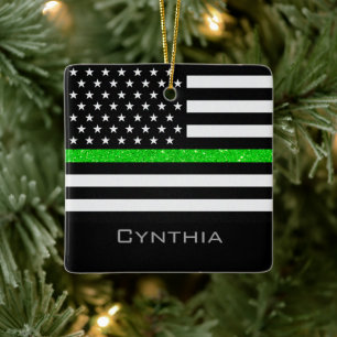 Personalisierte Thin-Green-Line-Glitzer-Flagge Keramikornament