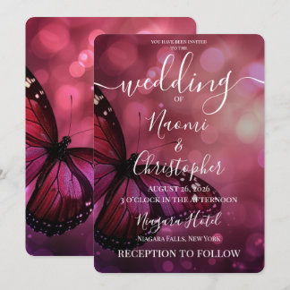 Personalisierte Tiefrosa-Schmetterling-Hochzeit Einladung