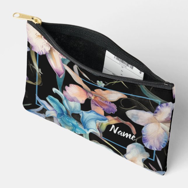Personalisierte Toilettenbeutel - Schwarze Floral- Zubehörtasche (Offen)