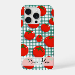 Personalisierte Tomate auf grünem Gingham-Handyhül iPhone 15 Pro Hülle