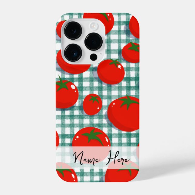 Personalisierte Tomate auf grünem Gingham-Handyhül iPhone Hülle (Rückseite)