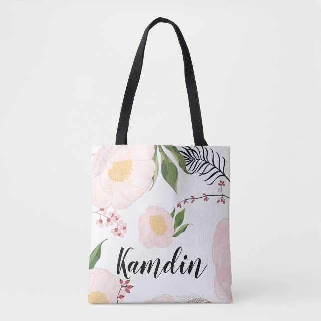 Personalisierte Tote Beutel Weiße Blume auf Weiß (Vorderseite)