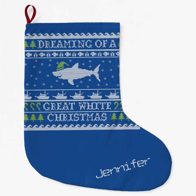 Personalisierte Träume von Great White Shark Blue Großer Weihnachtsstrumpf (Vorderseite)