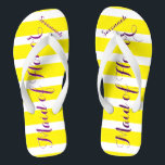 Personalisierte Trauzeugin Lila Gelb, Farbe Flip Flops<br><div class="desc">Lila Kiss-Schriftart für Gelb und Weiß Streifen - Ändern Sie Gelb und Pflaume in Farbe,  indem Sie auf Anpassen klicken. Und sagen Sie alles,  was Sie gewollt haben. Machen Sie diese eine Art Flip Flops,  die Ihre Nachricht auf ihnen haben. Sei das Gerede vom Strand!</div>