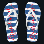 Personalisierte Trauzeugin Red White Blue Flip Flops<br><div class="desc">Mustard Red White and Blue Stripes Muster - Ändern Sie die Farbe durch Klicken auf Anpassen. Und sagen Sie alles,  was Sie gewollt haben. Machen Sie diese eine Art Flip Flops,  die Ihre Nachricht auf ihnen haben. Sei das Gerede vom Strand!</div>