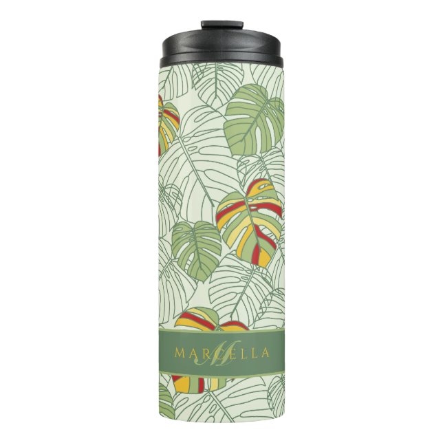 Personalisierte tropische Monstera-Blätter Tumbler Thermosbecher (Vorderseite)