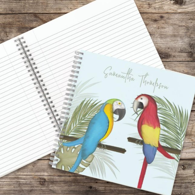 Personalisierte tropische Vögel Notizbuch (Whimsical watercolor tropical parrots spiral notebook, square template)
