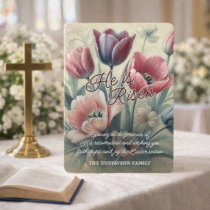 Personalisierte Tulpen-Blumen-Osterkarte Er ist au Feiertagskarte