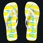 Personalisierte Türkis-Bridson-Gelb-Farbe Flip Flops<br><div class="desc">Primrose Yellow Elegance und White Stripes mit türkisfarbenem Aqua Blue Schriftart - Ändern Sie Gelb und Aquamarinen Schriftart zu Any Color, indem Sie auf Anpassen/Bearbeiten klicken. Und sagen Sie alles, was Sie gewollt haben. Machen Sie diese eine Art Flip Flops, die Ihre Nachricht auf ihnen haben. Sei das Gerede vom...</div>