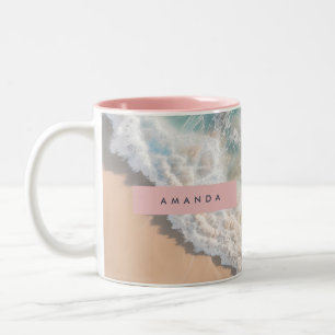 Personalisierte Türkis Ozeanwelle Strand Zweifarbige Tasse