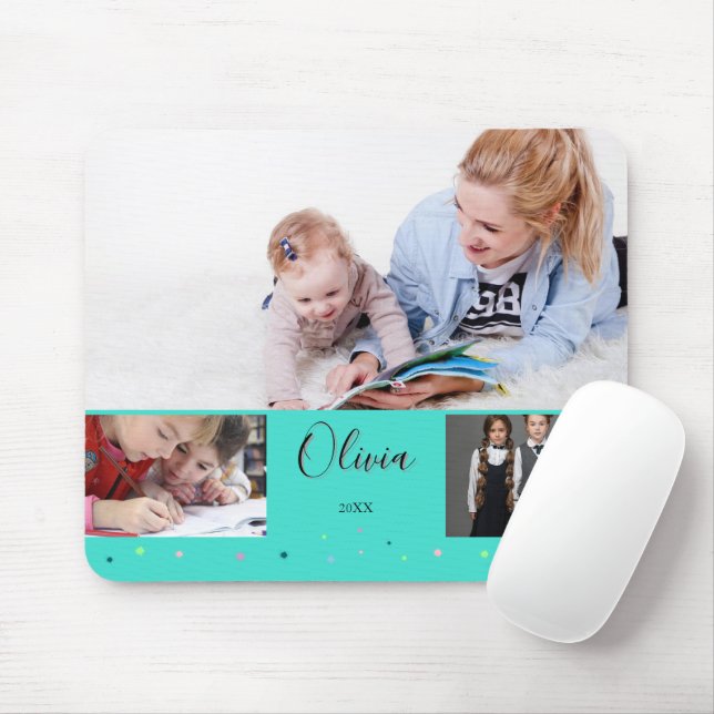 Personalisierte Türkis-Schul-Foto-Collage-Name Mousepad (Mit Mouse)