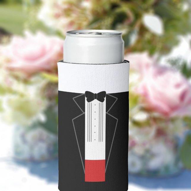 Personalisierte Tuxedo Wedding Can Cooler Selters Dosenkühler (Just add a name to this fun black tuxedo can cooler.)