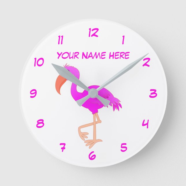 Personalisierte Uhr mit rosa Flamingo und Text (Vorderseite)