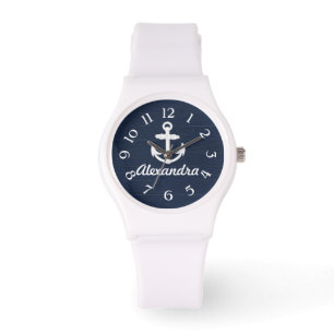 Personalisierte Uhr Navy/White Nautical Anchor