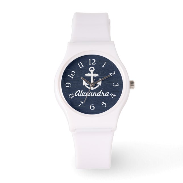 Personalisierte Uhr Navy/White Nautical Anchor (Vorderseite)