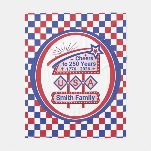 Personalisierte USA 250 – Patriotische Retro-Marke Fleecedecke (Vorderseite)