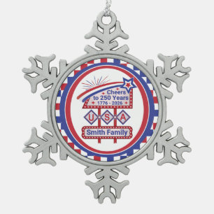 Personalisierte USA 250 – Patriotische Retro-Marke Schneeflocken Zinn-Ornament