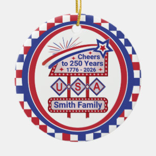 Personalisierte USA 250 – Patriotische Retro-Marki Keramik Ornament