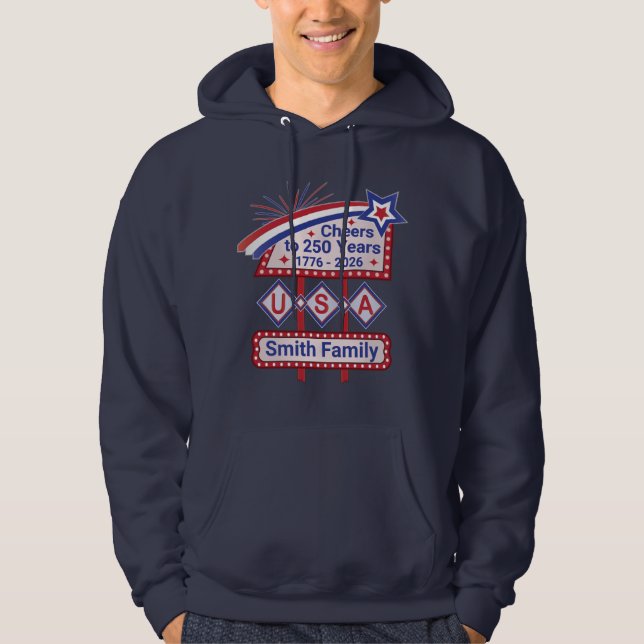 Personalisierte USA 250–Patriotische Retro-Markise Hoodie (Vorderseite)