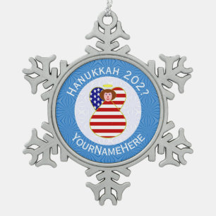 Personalisierte USA-Engel-Hanukkah-Flagge  Schneeflocken Zinn-Ornament