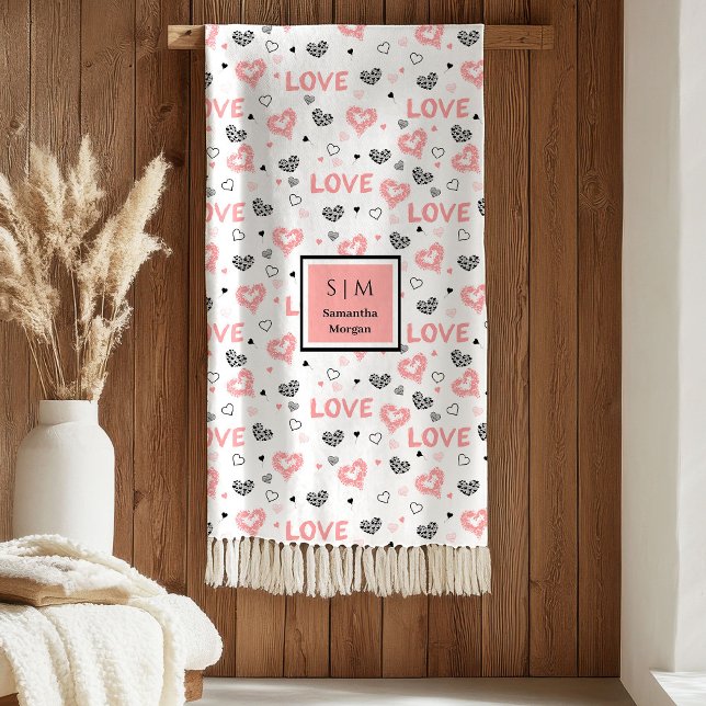 Personalisierte Valentinsdecke Rosa Schwarze Herze Fleecedecke (saint valentine minimal throw blanket,
valentine's day gift for couples,
personalized custom name Sh)